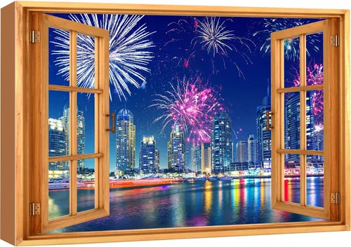 Vista 29 de wall26 - Cuadro en lienzo para pared, vista de ventana, celebración del 4 de julio, fuegos artificiales en el puerto de NYC, celebraciones