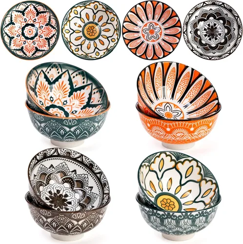 Vista 6 de Foraineam Paquete de 12 cuencos de porcelana, juego de cuencos pequeños de 10 onzas, coloridos cuencos redondos florales para sopa, helado