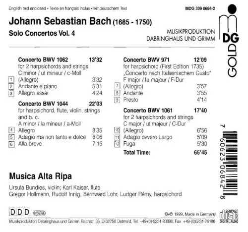 Vista 2 de Johann Sebastian Bach Solo Concertos, Vol. 4 - Triple Concerto BWV 1044 Harpsichord Concertos BWV 1061 & 1062 Italian Concerto BWV 971 - Musica