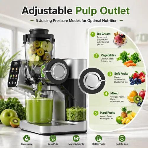Vista 3 de WETIE Exprimidor de Prensa Fría, Potentes Máquinas Exprimidoras con Presión de Exprimido Ajustable, 99% de Alto Rendimiento de Jugo, Exprimidor