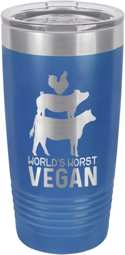 Vista 13 de Taza de viaje con pajita grabada a láser con citas de barbacoa, de la marca World's Worst Vegan, de 20 onzas, para comparar con Yeti Rambler