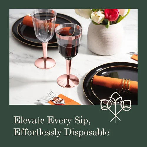 Vista 2 de 50 copas de vino desechables de plástico con borde de oro rosa, tamaño grande, 9.98 oz. BloominGoods - Vasos para bodas y eventos