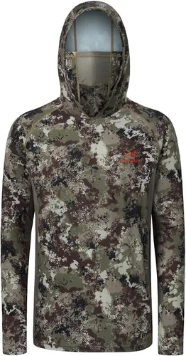 Vista 4 de BASSDASH - Camiseta de caza para hombre con protección solar FPU 50+, manga larga con capucha tipo pasamontañas y diseño camuflado, para pesca