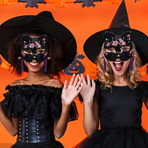 Vista 5 de Toyvian 2 máscaras de gato para cosplay, máscara de animal, media cara, fiesta de máscaras, accesorios de disfraces, disfraz de Halloween, mujeres