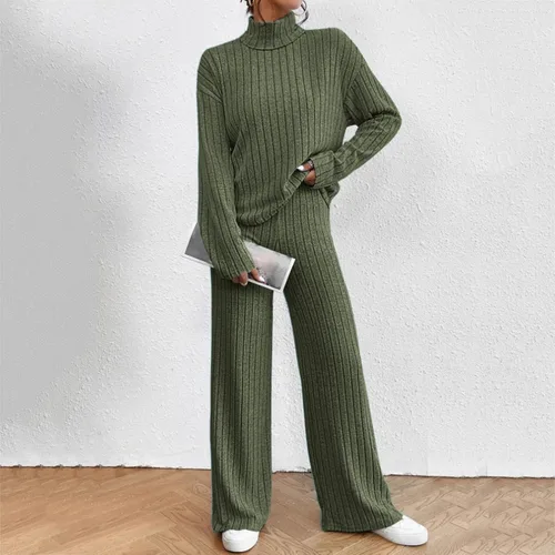 Vista 2 de Conjunto de 2 piezas de suéter de punto trenzado y pantalones deportivos de pierna ancha para mujer