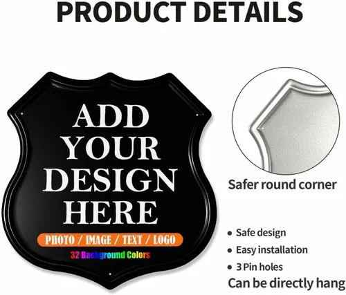 Vista 4 de HAOGEILI - Letreros de metal personalizados con forma de escudo, haz tu propio escudo personalizado con logotipo de texto fotográfico, letreros