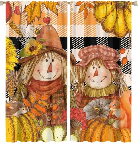 Vista 26 de Divertidas cortinas opacas de calabaza y espantapájaros para sala de estar, rústicas de otoño, hojas de arce, girasol, cosecha de otoño, puesta