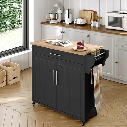 Vista 7 de Carrito de isla de cocina con almacenamiento, madera, negro
