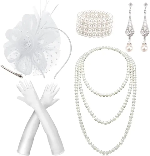 Vista 15 de DRESHOW - Juego de accesorios de El Gran Gatsby de los años 20 para mujer, diadema de flapper, tocado, guantes, disfraz, accesorios de las noches