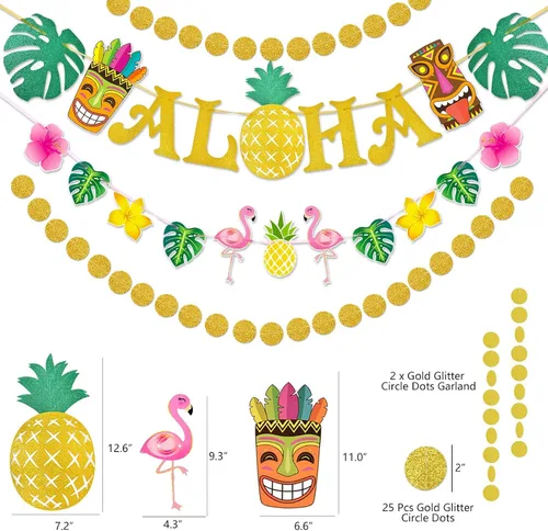 Vista 2 de WERNNSAI Pancarta hawaiana de Aloha para fiestas, flamenco, piña, tiki, tropical, Luau, suministros de fiesta, recuerdos, grande, dorado, brillante