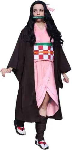 Vista 7 de Nezuko - Disfraz de cosplay de anime japonés de Nezuko, disfraz de Nezuko, bata para niños, kimono de Halloween con accesorios de bambú