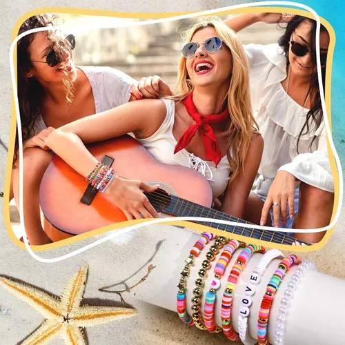 Vista 4 de Pulsera elástica de cuentas Surfer para mujer, juego de cuentas coloridas ajustables, pulseras Y2K con dije de corazón y estrella, para verano