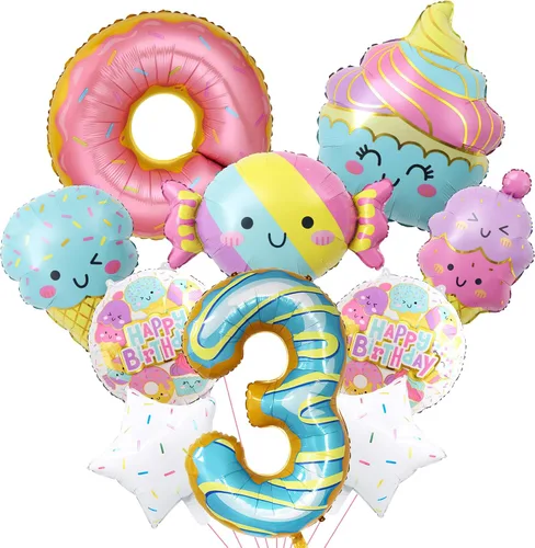 Vista 9 de 10 globos de helado, globos de papel de aluminio Mylar con número de dona de caramelo, temática de helado, suministros de fiesta de primer cumpleaños