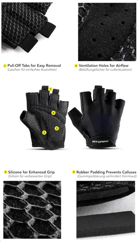 Vista 3 de Fitgriff® Guantes de entrenamiento (acolchados) para hombres y mujeres, guantes de gimnasio sin dedos para levantamiento de pesas, entrenamiento