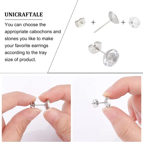 Vista 4 de UNICRAFTALE 150 piezas de 3 tamaños de aretes de acero inoxidable para aretes redondos planos y redondos, pegamento de copa de perlas, pasadores