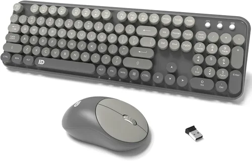 Vista 10 de Combo de teclado y ratón inalámbricos, teclado de máquina de escribir inalámbrico de tamaño completo de 2.4 GHz con teclas redondas para Windows