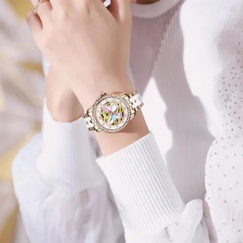 Vista 3 de OLEVS Reloj automático para mujer, reloj de cerámica de acero inoxidable Mariposa / Colorido