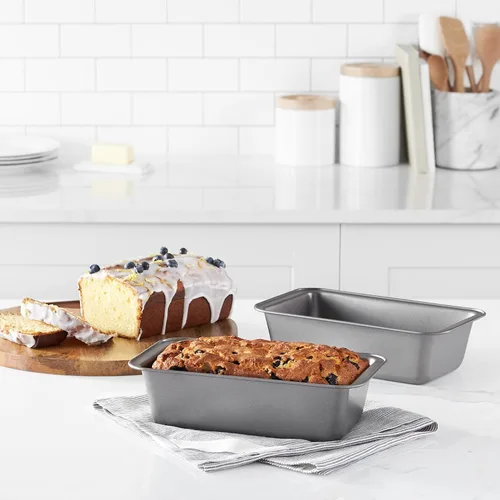 Vista 6 de Amazon Basics Molde rectangular antiadherente para hornear pastel de carne con distribución uniforme del calor, 9.5 x 5 pulgadas, gris, juego de 2