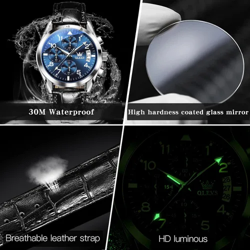 Vista 4 de OLEVS Reloj cronógrafo de cuarzo para hombre, correa de cuero dorada con fecha de día, reloj de pulsera de acero inoxidable impermeable, relojes