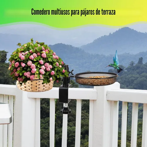 Vista 4 de HRAYLTOP Comederos para pájaros de cubierta con bandeja de malla metálica y 2 cuencos de agua, soporte de abrazadera desmontable ajustable