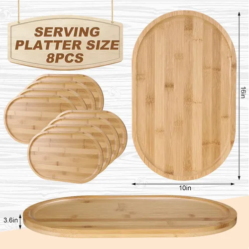 Vista 2 de 8 bandejas ovaladas de bambú para servir, 16 x 10 pulgadas, bandejas de madera rústica para té, café, aperitivos, postres
