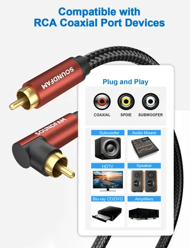 Vista 6 de Cable RCA de 90 Grados con Ángulo Recto para Subwoofer, Chapado en Oro de 24K, Doble Apantallado - 1M/3.3ft