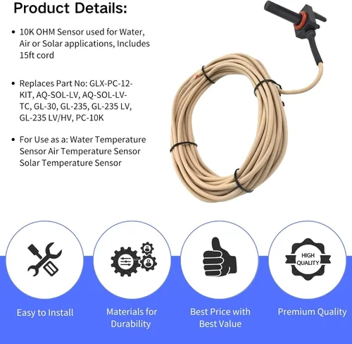 Vista 3 de GLX-PC-12-KIT Sensor de temperatura de termistor de 10K con cable de 15 pies Kit de reemplazo de sensor de temperatura de agua/aire/solar compatible