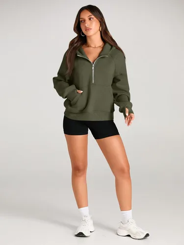 Vista 4 de AUTOMET Sudaderas con media cremallera, sudaderas cortas con capucha de forro polar para mujer, sudadera con cremallera de un cuarto, trajes