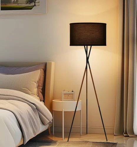 Vista 7 de Kira Home Sadie & Juno, RV-F5017-BKLR-BK Premium Black Linen Fabric Drum Shade, Stitched Faux Leather Leg Accents, Efficient 9W LED Bulb Included