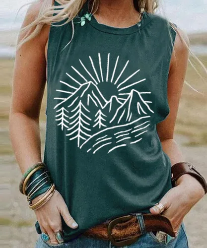 Vista 2 de Camisetas sin mangas de senderismo y montaña para mujer, divertidas camisetas de entrenamiento con gráficos de pino y amanecer, camisetas de verano