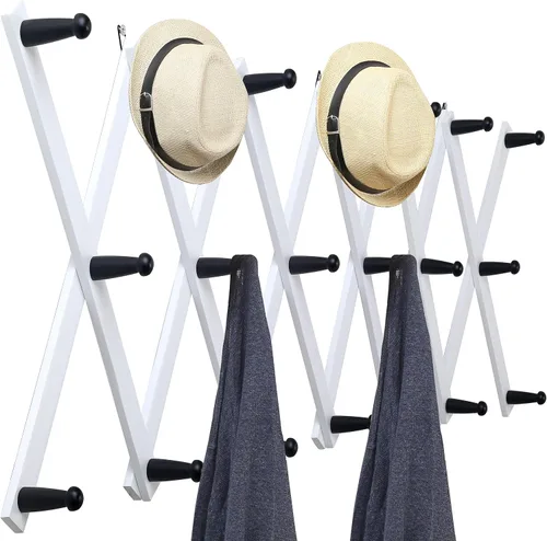 Vista 12 de WEBI Perchero de Pared Acordeón, Perchero de Sombreros de Madera Expandible para Perchero de Abrigos Montado en Pared, Soporte de Ganchos Acordeón