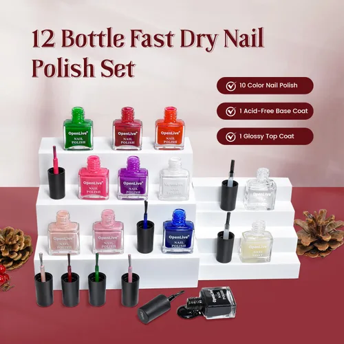 Vista 2 de OpenLive Juego de 12 esmaltes de uñas con combinación de 10 colores, 2 capas base y superior, esmalte de uñas de secado rápido de larga duración