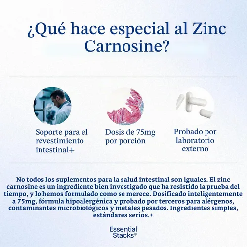 Vista 4 de Essential Stacks Suplemento de zinc carnosina de 75 mg - Probado por