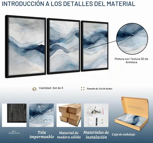 Vista 4 de Arte de pared enmarcado 3D texturizado azul abstracto, pinturas modernas de decoración de pared azul marino abstracto, pósters de textura