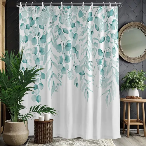 Vista 21 de KAIRA Cortina de ducha de eucalipto negro con diseño clásico y moderno, hojas de plantas de acuarela con diseño floral, decoración de baño, 72 x 72