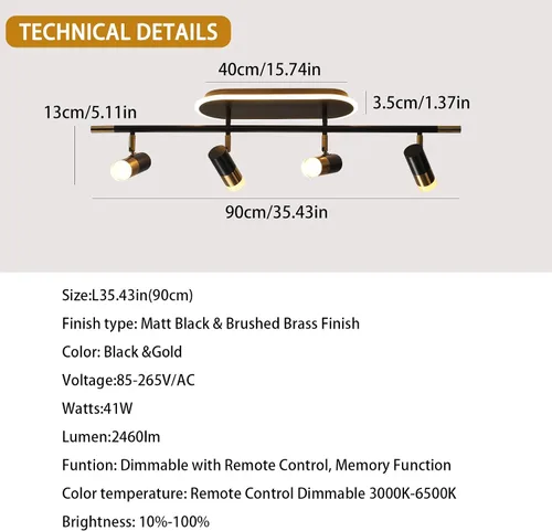 Vista 2 de Jaycomey Lámpara LED de 4 luces con control remoto, focos de luz de techo regulables de 41 W, ajustable de 3000 K-6500 K, moderna lámpara de techo