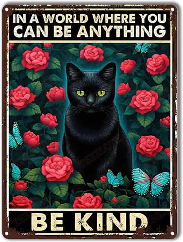 Vista 16 de TSEZLOJH Letrero de metal con diseño de gato negro en un mundo donde puedes ser cualquier cosa ser amable para decoración del hogar, 8 x 12 pulgadas