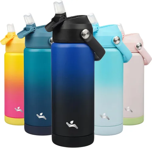 Vista 41 de Konokyo Botella de agua aislada con tapa de pajilla, botella de metal al vacío de acero inoxidable de 18 onzas con mango de silicona, color negro