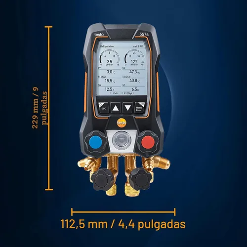 Vista 2 de Testo 557s Juego de Manómetros de Colector de CA – Kit de Recarga de CA con 2 x Termómetros de Abrazadera de Tubería 115i, 1 x Medidor de Micrones
