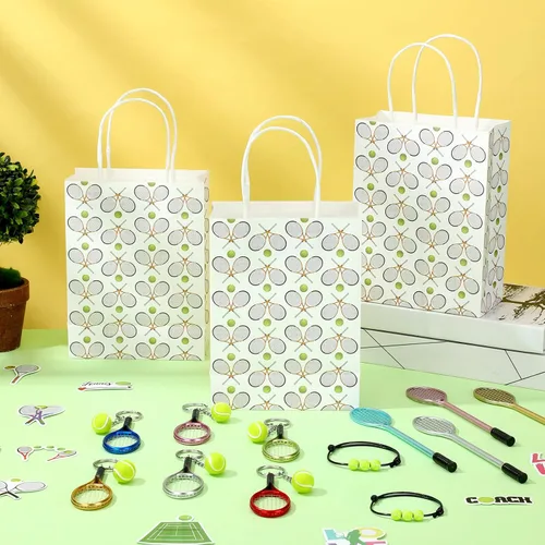Vista 5 de Huquary 98 piezas de recuerdos de fiesta de tenis, decoraciones de fiesta de tenis, incluye 50 calcomanías, 12 mini llaveros de raqueta, 12 pulseras