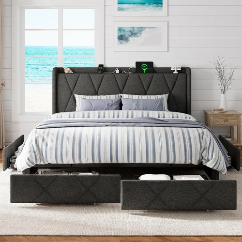 Vista 12 de GalnFu Base de cama de tamaño matrimonial con 4 cajones de almacenamiento, plataforma tapizada con estación de carga, moderna cabecera de Beige