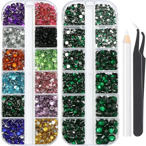 Vista 11 de 3520 diamantes de imitación de uñas color dorado champán para uñas, multiformas con parte trasera plana, diamantes de imitación redondos