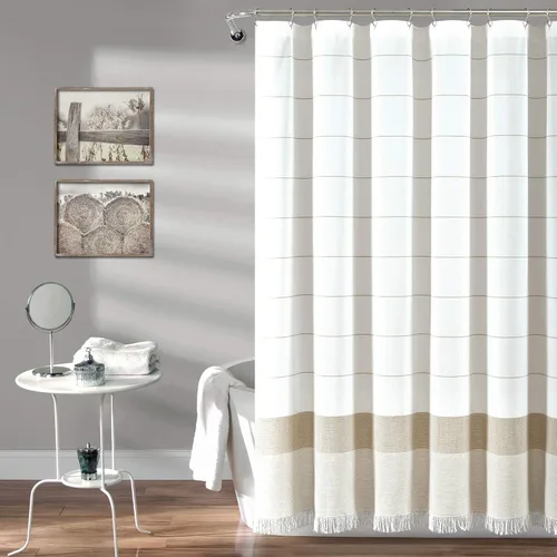 Vista 11 de Lush Decor Cortina de ducha de algodón tejido blanco con rayas grises y flecos de borlas, accesorios de baño (72 x 72 pulgadas)