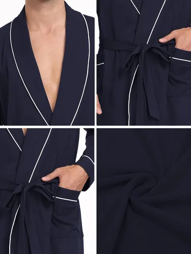 Vista 5 de EA'S SECRET Bata de baño tipo kimono de manga larga para hombre, 100 % algodón, ligera, suave, sobre la rodilla, ropa de dormir