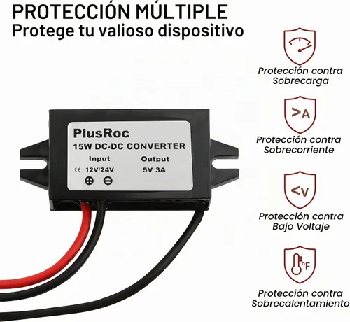 Vista 4 de PlusRoc - Convertidor impermeable DC 12V/24V a 5V 3A, enchufe macho CC de 0.217x0.083 in Stable 5V/3A Output, Waterproof Sealed Enclosure