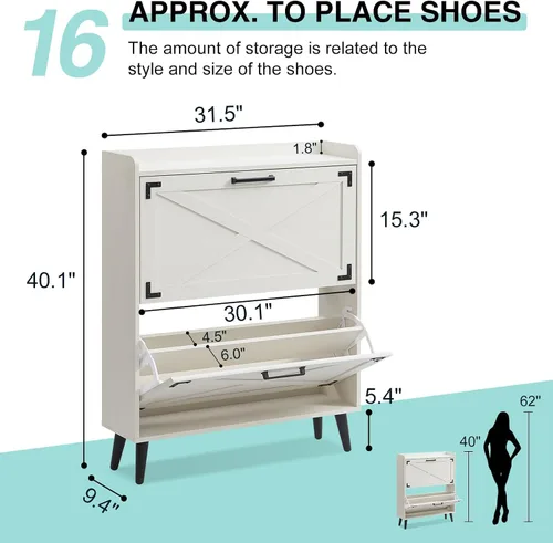 Vista 2 de Barnyatoh - Gabinete de almacenamiento de zapatos estilo granja, organizador de zapatos con 2 cajones abatibles y diseño de puerta de granero