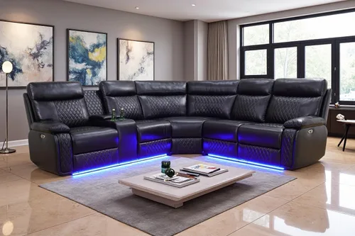 Vista 7 de A Ainehome Sofá modular reclinable eléctrico con LED, juego de sofá modular eléctrico de cuero negro, juego de muebles de sala con carga USB