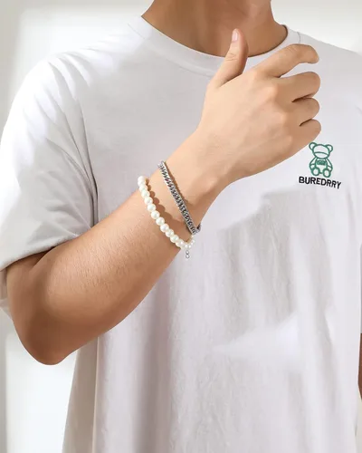Vista 2 de Pulsera de perlas de imitación para hombre con eslabones cubanos Figaro Chain Set de pulseras de muñeca para hombre