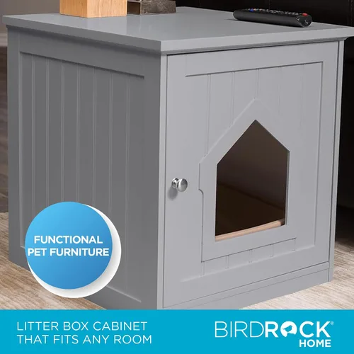 Vista 4 de BIRDROCK HOME Casa decorativa para gatos y mesa auxiliar Mesita de noche gris Caja de interior para mascotas Recinto para caja de arena Caja