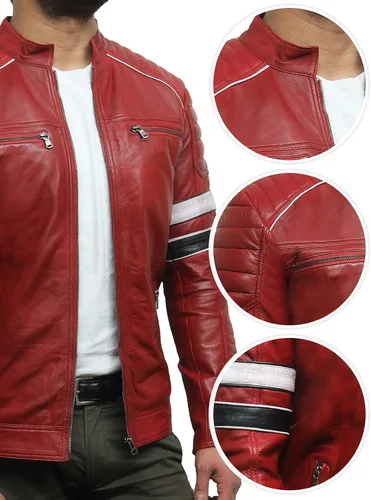 Vista 4 de Chaqueta de cuero negro para hombre - Cafe Racer Real piel de oveja de piel envejecida chaqueta de motocicleta